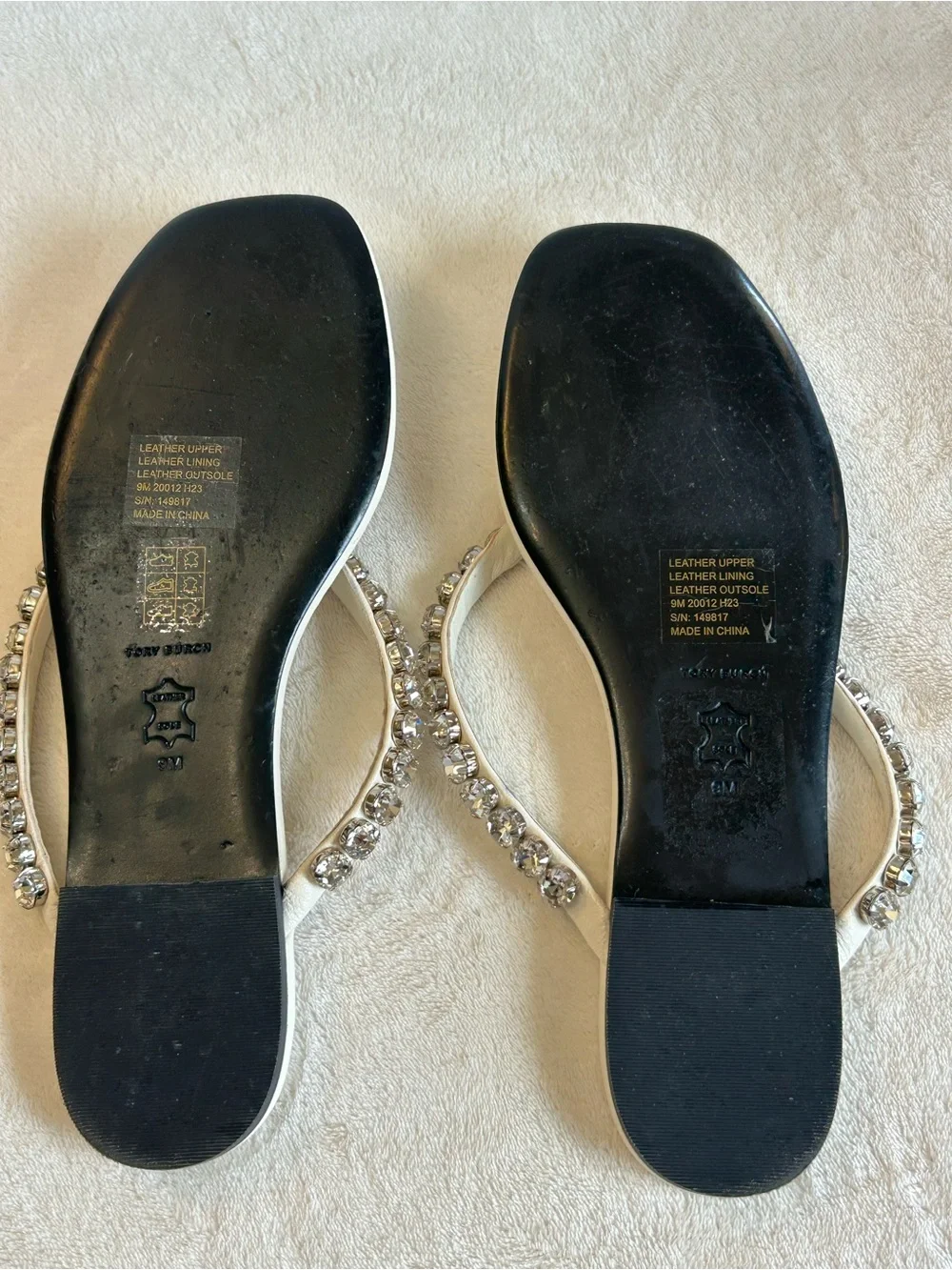 Tory Burch Crystal-Embellished White Thong Sandals Ivory Leather Women’s Size 9M